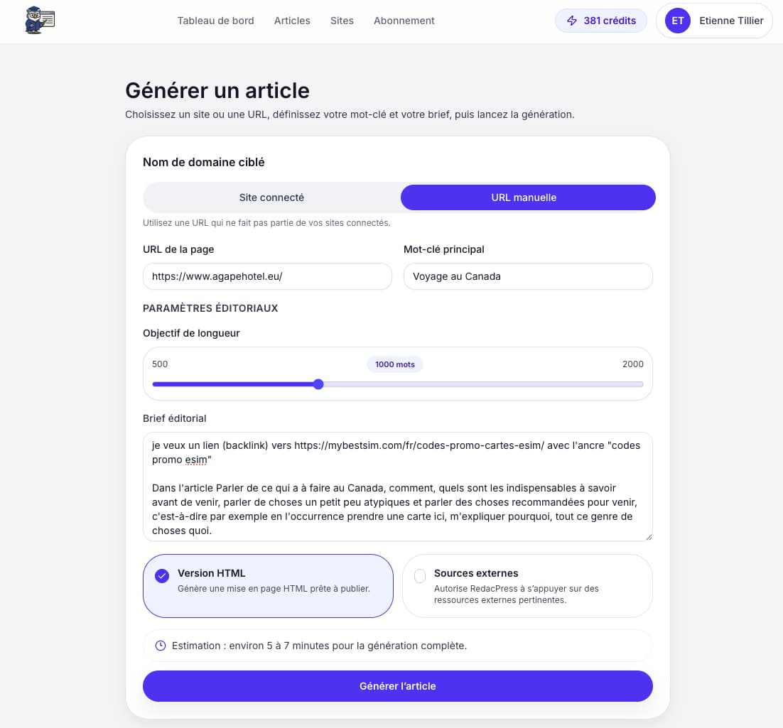Interface de génération